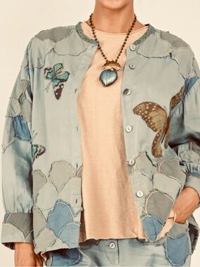 Butterfly Embroidered Button-Up Top - Light greenish chambray